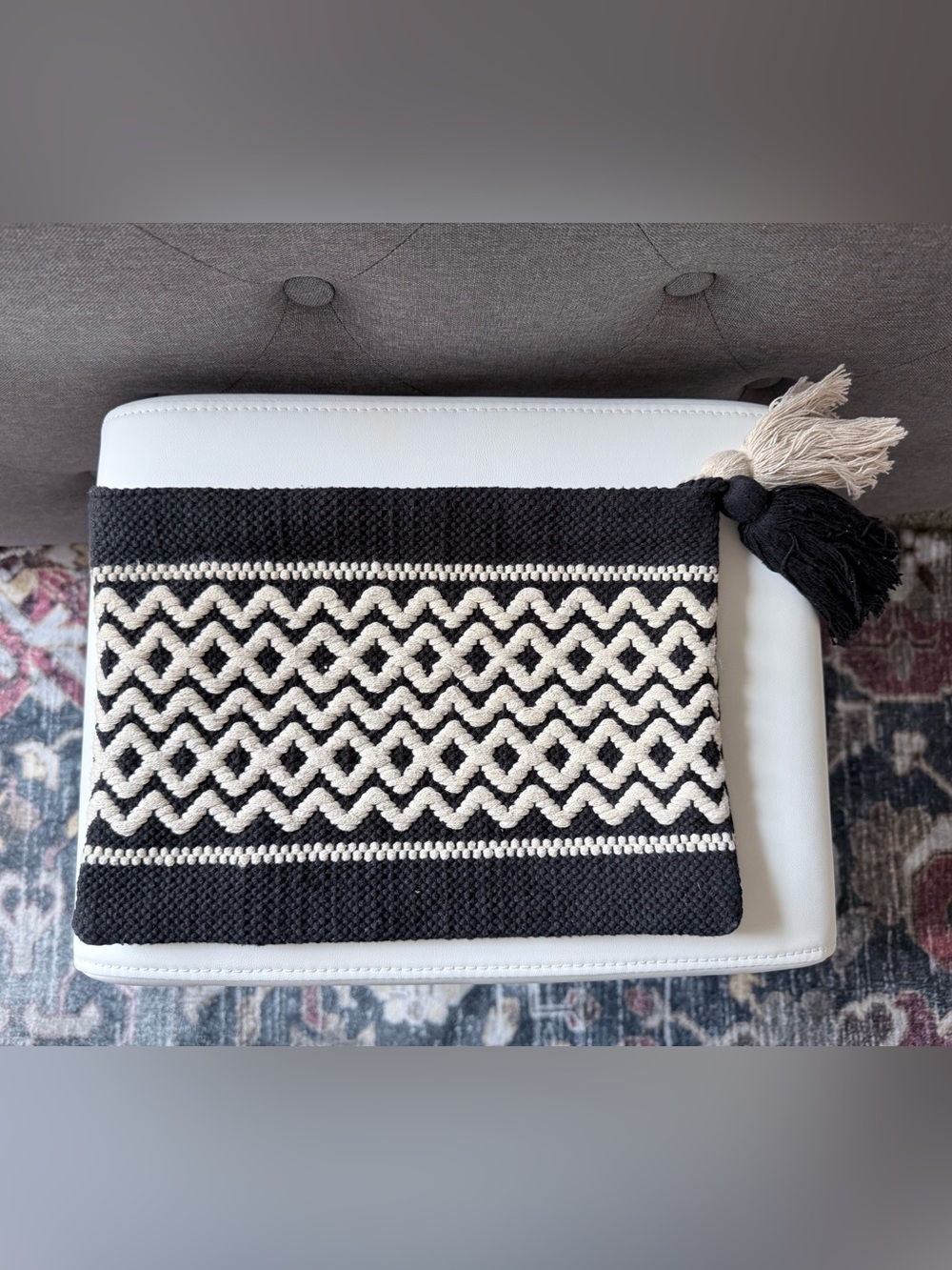 100% Cotton Black & Cream Woven Tassel Clutch Vacation Purse Boho Resort